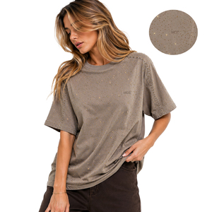 Women's Shirts Beige Gold Rhinestone Oversized Tee Premium Streetwear Distressed Detail Luxury Sparkly T-Shirt Casual Loose <b>Top</b> - Product Image 6