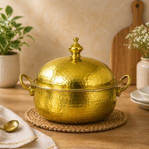 Elegant Hammered Design Brass <b>Serving</b> <b>Dish</b> With Lid. Gold Plating Finish Premium Insulated Hot Pot For Luxury Dining & Catering - Product Image 1