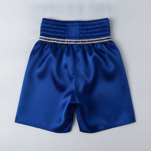 Shorts de boxe bleus pour hommes, coupe classique, broderie à la main, logo doré sur le devant, vêtements d'arts martiaux, taille adulte, polyester - Product Image 3