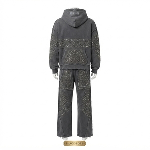 Conjunto Deportivo Personalizado para Mujer, Sudadera con Capucha Extra Grande, Color Gris Oscuro, Estilo Vintage, con Cierre y Bordado, Pantalones Deportivos Anchos de Felpa de Algodón, OEM - Product Image 3