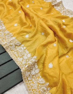 KV Women's Embroidered, Embellished Bollywood Pure Silk <b>Saree</b> With Unstitched Blouse (<b>Yellow</b>) - Product Image 4