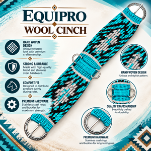 EQUIPO: Cinturón de cuero y lana personalizado para caballo, con diseño azul, negro y blanco estampado, anillas metálicas y ajustable. - Product Image 2