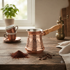 Cafetera turca de cobre grabada con motivos geométricos, Cezve, Ibrik árabe, Briki griega, calentador de leche para estufa con mango de madera con acabado ligero - Product Image 4