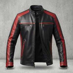 Blouson moto homme en cuir PU noir, col montant, fermeture éclair, color block, coupe ajustée, manches classiques, pour l'automne - Product Image 3