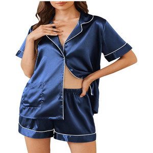 Ensemble pyjama en satin noir à manches courtes pour femmes, avec col rabattu et fermeture boutonnée, vêtements de nuit d'été - Product Image 6