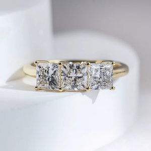 Women's Yellow Gold Princess Cut Diamond Three Stone Ring Classic Engagement Ring Prong Setting Geometric Style - Product Image 2