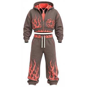 Conjunto Deportivo para Hombre con Estampado de Llamas en Serigrafía, 100% Algodón, Cremallera Completa, 450 Gsm, Sudadera Corta con Capucha, Pantalones Jogger, Corte Holgado Informal - Product Image 1