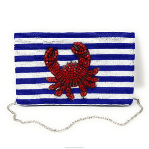 Striped Blue White Evening <b>Purse</b> <b>Red</b> Geometric Embroidery Ocean Theme Designer Wedding Party Fashion Custom Beaded Fold Clutch - Product Image 1