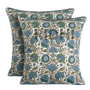 Fundas de Almohada Decorativas de Algodón con Estampado Floral Azul y Verde de Ridhi para Sala de Estar, Estilo Boho Chic, Lindas para Exteriores - Product Image 2