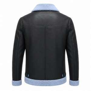 Men's Genuine Leather Bomber Jacket With <b>Sherpa</b> Lining Turn-down Collar Windproof Winter Moto Style Regular Fit - Product Image 3
