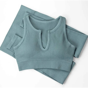 Conjunto de Yoga para Mujer, Top Deportivo Acanalado sin Costuras, Leggings de Cintura Alta, 2 Piezas, Ropa Deportiva para Gimnasio, Fitness, Color Azul Sólido - Product Image 4
