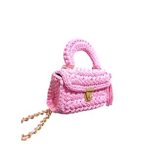 Pink Handcrafted Cotton Crochet Crossbody Sling <b>Handbag</b> with Clasp Closure and <b>Tassel</b> Decoration - Product Image 2