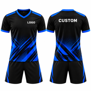 Tenue de football personnalisée noire et bleue, col en V, manches courtes, 100 % polyester, impression par sublimation, évacuation de l'humidité, pour hommes adultes - Product Image 1