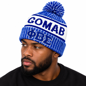 Phi Beta Sigma Royal Blue <b>White</b> GOMAB Knit <b>Pom</b> Beanie Hat Embroidered Greek Letters Warm Winter Cuffed Cap Fraternity Headwear - Product Image 1
