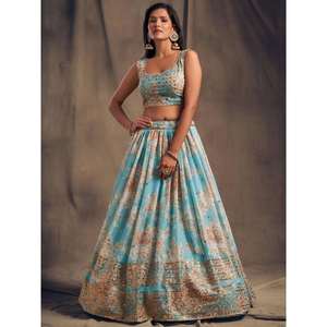 Lehenga Choli semi-cousu en organza imprimé floral bleu ciel de Zeel Clothing pour les festivals - Product Image 2