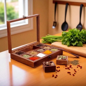 Excellent Quality Rustic Wooden Masala Organizer <b>Box</b> with Glass Lid for Home Kitchen Spice Storage and Decoration for Sale - Product Image 3