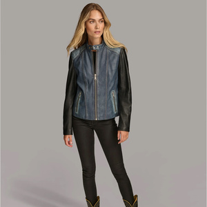 Chaqueta Varsity de Piel de Oveja Genuina de Alta Calidad, Color Azul Jeans, Transpirable, para Mujer - Product Image 3