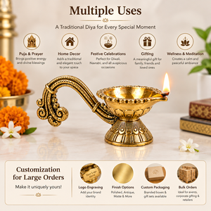 <b>Antique</b> Brass Handled Diya Oil <b>Lamp</b> Decorative Pooja Deepak Traditional Indian Home Temple Diwali Festive Gift - Product Image 2