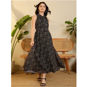 Vestido de Georgette con Estampado Abstracto Negro de Estilo Único, Corte en A, para Eventos Nocturnos y Celebraciones, Disponible a un Precio Competitivo - Product Image 1