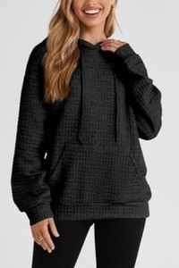Sudadera con Capucha Unisex Negra de Punto Waffle, Corte Regular, Estilo Casual para Otoño, con Bolsillos, Material de Felpa - Product Image 3