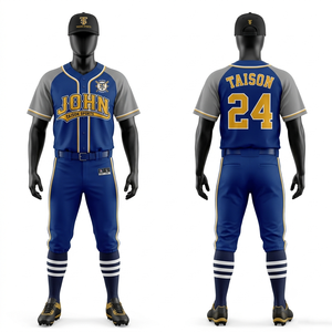 Uniforme de Béisbol de Poliéster Interlock Premium de 220 GSM, Color Crema con Rayas Azul Marino, Raglán, Sublimación Personalizada y Bordado - Product Image 4