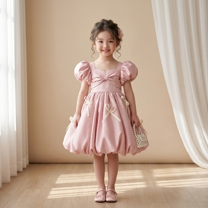 Imperial Luxury Princess Dress Blush Pink Satin <b>Bubble</b> Hem Puff Sleeve Statement Bow Girls Party Dress Boutique Kids Occasion - Product Image 3