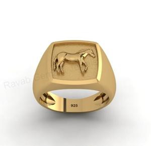 18k Gold Plated 925 Solid Silver 14mm Cushion Horse Head Motif Memento Mori Signet <b>Ring</b> Equestrian Fine Jewelry Gift <b>for</b> <b>Men</b> - Product Image 1