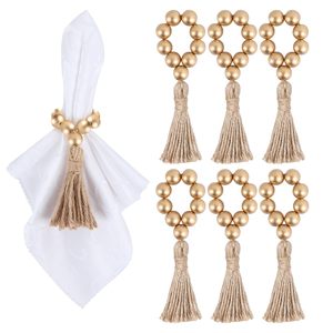 Anneau de serviette personnalisé en perles de bois bleu marine avec pompon en jute |   Serviette de table bohème écologique et durable pour mariage côtier de Noël - Product Image 4