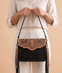 Western Fashion Genuine Leather Fringe Single Strap Adjustable Travel <b>Shoulder</b> <b>Bag</b> Crossbody Purse <b>Nylon</b> Lining Zipper Closure - Product Image 4