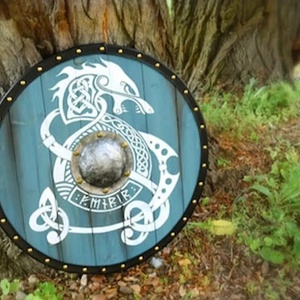 Ahmad Fabric Viking Shield with White Dragon Design Teal Ply <b>Wood</b> & Carbon Steel Finish Metal Center <b>Spike</b> Shield DIY Grade - Product Image 6
