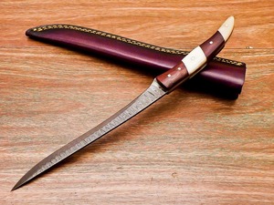 Cuchillo de filetear de acero de Damasco hecho a mano con hoja serrada, punta caída y mango de madera, grado industrial, modelo Ba-062-fillet - Product Image 2