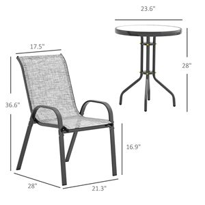 Set Bistrot Grigio 3 Pezzi con Sedie Impilabili e Tavolo in Vetro per Piccoli Spazi, Balconi e Cortili, Multiuso per Palestre e Ospedali - Product Image 3