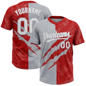 เสื้อซอฟต์บอลทีมของคุณ สำหรับผู้ชาย สีแดง-เทา แบบซับลิเมชั่น ระบายเหงื่อได้ดี แขนสั้น สกรีนชื่อทีมและหมายเลข 00 ได้ตามต้องการ - Product Image 1