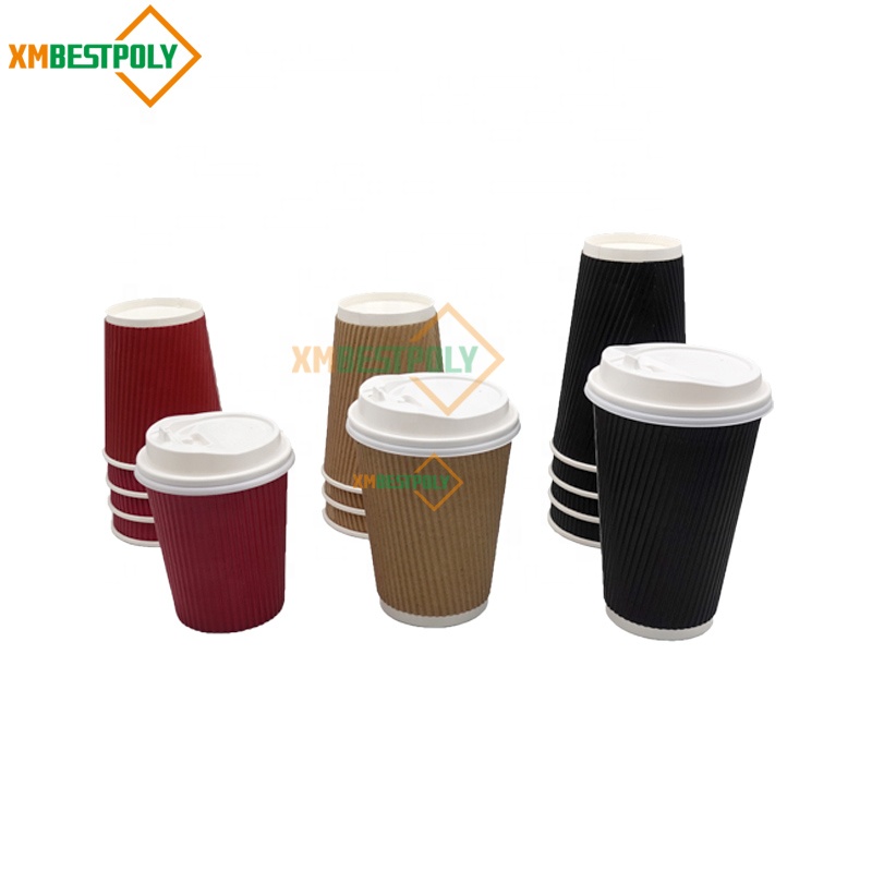 Wholesale 8oz 12oz 16oz Disposable Coffee Cup Packaging Ripple Wall Kraft Paper Beverage Cups With Lids
