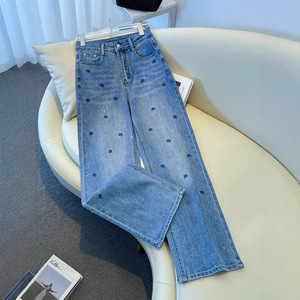 Pantalones vaqueros de mezclilla lavados a la piedra de cintura alta y pierna ancha con estampado de puntos, corte holgado, largos, informales para mujer - Product Image 6