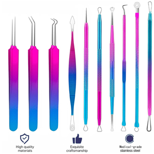 Kit professionnel d'outils pour éliminer les boutons, en acier inoxydable, ensemble de 9 extracteurs de points noirs colorés avec étui de transport - Product Image 2