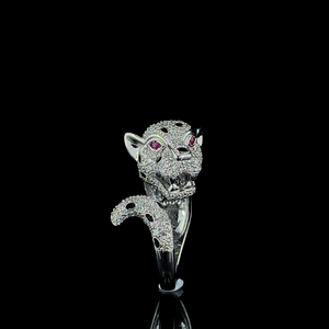 Luxury Panther Head Diamond <b>Ring</b> for Women Custom 10K-22K Gold IGI Certified Animal Design Pink Eyes <b>Black</b> Accents Wedding Gift - Product Image 1