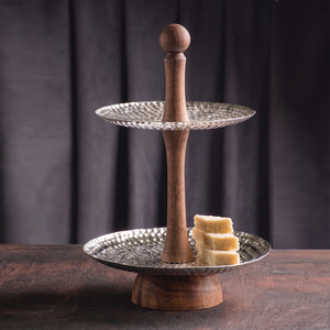 2-Tier Hammered Design Iron Or Steel & Mango Wood Serving <b>Cake</b> Stand. Elegant Display Tray Stand For Cupcakes, Fruits & Desserts - Product Image 3
