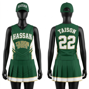 Uniforme de porristas para mujer de poliéster de alta calidad, 200 GSM, diseño de paneles en verde, blanco y dorado, logotipo personalizado con transferencia térmica. - Product Image 6