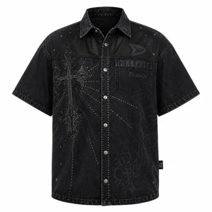 เสื้อเดนิมปักคริสตัลแบบ Hot-Fix แขนสั้นทรงหลวมสไตล์ฮาราจูกุสำหรับทุกเพศ  ขายส่งเสื้อผ้าสตรีทแวร์ - Product Image 3