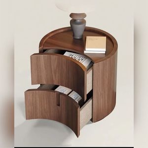 Modern Solid Teak Wood <b>Round</b> Nightstand with Two Drawers Luxury <b>Bedside</b> <b>Table</b> for Contemporary Bedroom Furniture - Product Image 1
