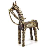 Figurine de cheval tribale antique sculptée et gravée à la main en laiton, plaquée or, couleur bronze, 11 pouces, objet de collection pour la maison ou le bureau