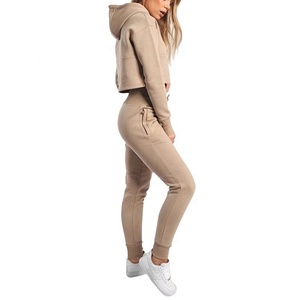 Custom Made New Arrival Women's Crop Top Track Suit With Drawstring Hood & Ribbed Waist Women's Pullover Hooded Top Sweat Suit - Product Image 1
