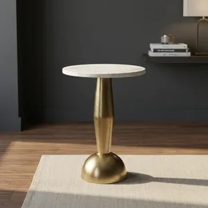 Modern Round White Marble Top <b>Side</b> <b>Table</b> with Brushed <b>Gold</b> Metal Pedestal Base Luxury Accent Furniture for Elegant Living Spaces - Product Image 2