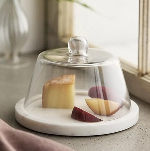 Low profile <b>glass</b> <b>cake</b> <b>dome</b> with wooden feet base modern dessert cover display for kitchen counter table low height simple look - Product Image 6