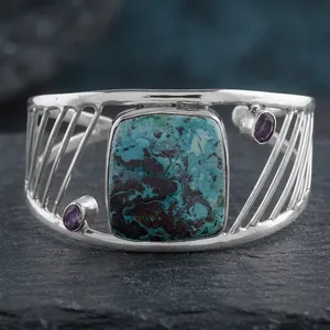 Auténtica Pulsera Abierta de Plata de Ley 925 con Azurita, Gema Azul Verde, Joyería de Diseño para Mujer - Product Image 2