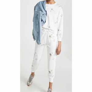 Conjunto Deportivo de Mujer, Blanco, con Bordado Floral, Manga Larga, Cuello Redondo, Pantalones con Cordón, Corte Holgado, Informal, de Algodón, para Primavera - Product Image 1
