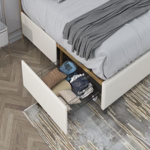 Lit en bois classique avec dossier en forme de pain vapeur, cadre métallique, lattes en bois massif, quatre tiroirs de rangement confortables en éponge souple - Product Image 2