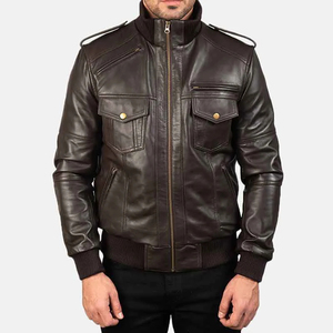 Men's Genuine <b>Leather</b> Moto <b>Jacket</b> Stand Collar Zipper Closure Solid Color Autumn Wear - Product Image 5