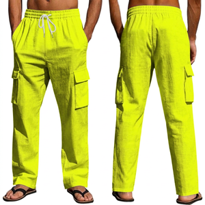 Pantalon en lin et coton gris pour homme, taille élastique avec cordon de serrage, plusieurs poches, coupe décontractée, respirant, pour l'été, style workwear - Product Image 3